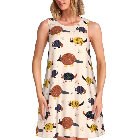 Picia Cute Armadillo1 Print Women’s Sleeveless Midi Swing Dress – A-Line Pleated Tank Sundress, Comfortable and Flowy T-Shirt Dress