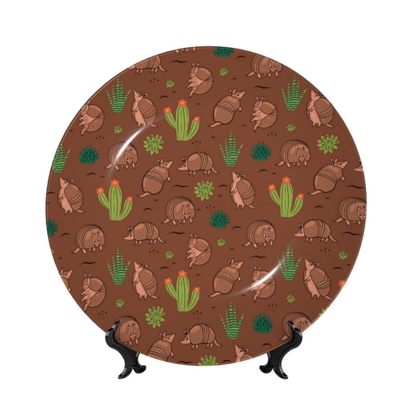 Picia Cute Armadillos Pattern Bone China Decorative Plate – Wall Decor with Stand and Adhesive, Elegant Ornament for Living Room, Office, or Entryway-6in