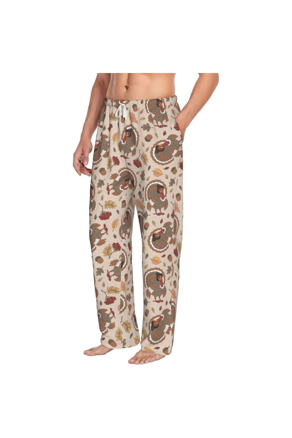 Cute Autumn Turkey Mens Soft Woven Cotton Elastic Waistband Sleep Pajama Pant Lounge Sleep Pant With Pockets And Drawstring-Medium
