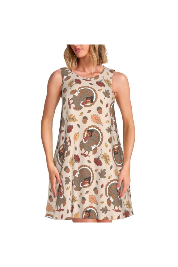 Cute Autumn Turkey Print Women’s Sleeveless Midi Swing Dress – A-Line Pleated Tank Sundress, Comfortable and Flowy T-Shirt Dress