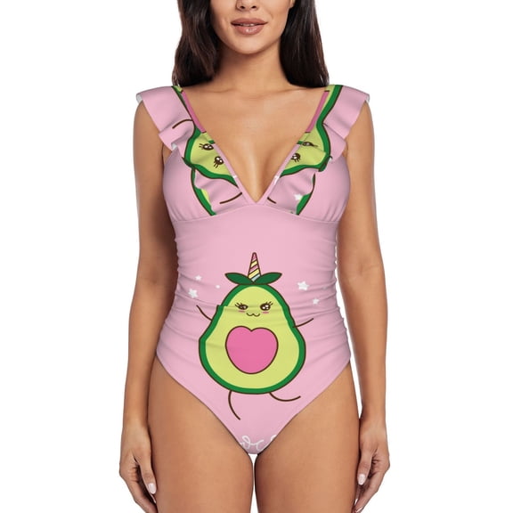 Picia Cute Avocado Blooming Jelly Womens Tummy Control Bathing Suits Slimming Ruffle Swimsuit One Piece Lace Swimwear-