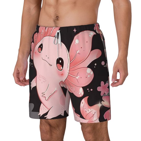 Picia Cute Axolotl Sakura Blossoms A pattern Mens Swim Trunks with Compression Liner Stretch Beach Shorts Quick Dry with Zipper Pockets No-Chafing Board Shorts-X-Large