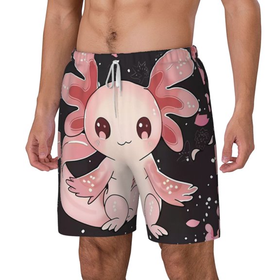 Picia Cute Axolotl Sakura Blossoms pattern Mens Swim Trunks with Compression Liner Stretch Beach Shorts Quick Dry with Zipper Pockets No-Chafing Board Shorts-Medium