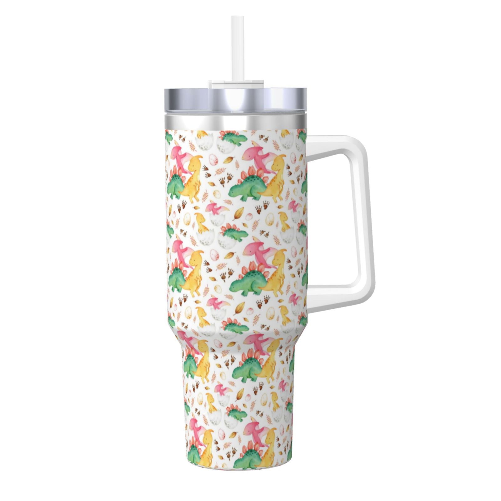 Picia Cute Baby Dinosaurs Pattern 40oz Ice Bully Insulated Tumbler with Handle, Double-Wall Stainless Steel Cup, Leak-Proof Lid and Straw