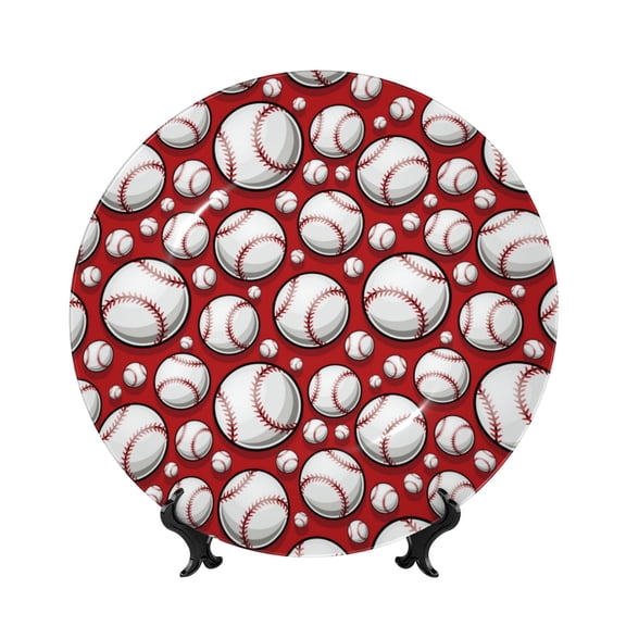 Picia Cute Baseball Pattern Bone China Decorative Plate – Wall Decor with Stand and Adhesive, Elegant Ornament for Living Room, Office, or Entryway-6in
