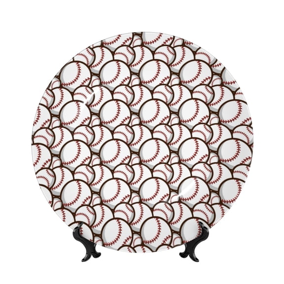 Picia Cute Baseball Pattern Bone China Decorative Plate – Wall Decor with Stand and Adhesive, Elegant Ornament for Living Room, Office, or Entryway-7in