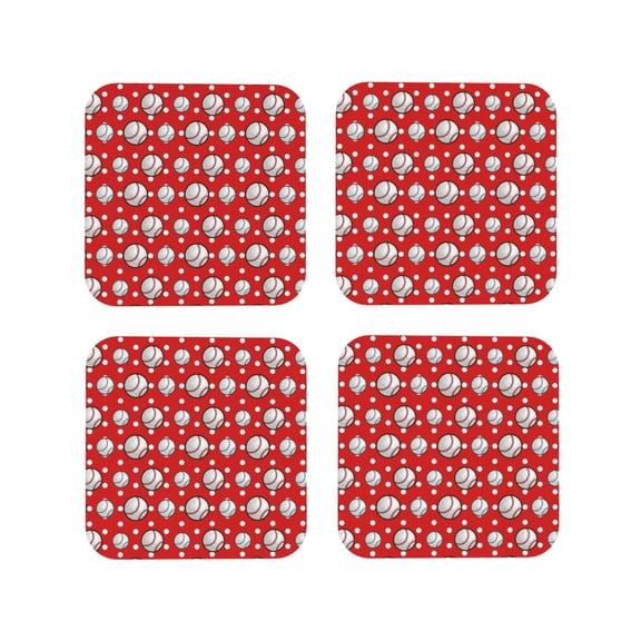 Picia Cute Baseball Printed Leather Coasters for Drinks, 4" Drink Coasters Set of 4 for Tabletop Protection, Handmade Luxurious Home Décor and Housewarming Gift -Square