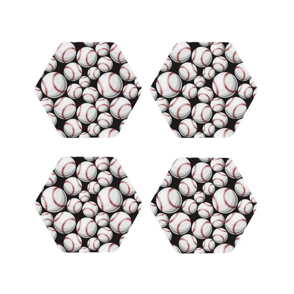 Picia Cute Baseball Printed Leather Coasters for Drinks, 4" Drink Coasters Set of 4 for Tabletop Protection, Handmade Luxurious Home Décor and Housewarming Gift -Hexagon