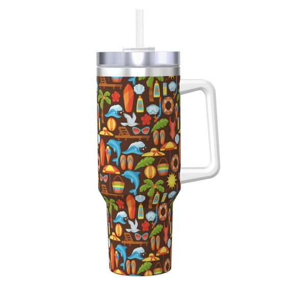 Picia Cute Beach Dolphin Pattern 40oz Ice Bully Insulated Tumbler with Handle, Double-Wall Stainless Steel Cup, Leak-Proof Lid and Straw