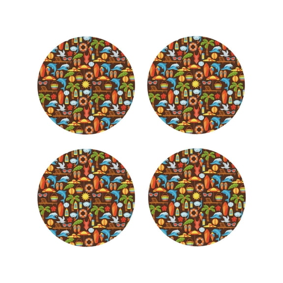 Picia Cute Beach Dolphin Printed Leather Coasters for Drinks, 4" Drink Coasters Set of 4 for Tabletop Protection, Handmade Luxurious Home Décor and Housewarming Gift -Round Shape