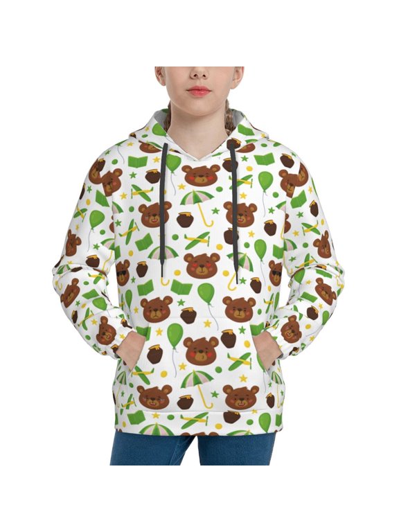 Cute Bear Pattern Youth Hoodie - Warm Pullover Sweatshirt with Kangaroo Pocket, Ideal for Boys and Girls-Small