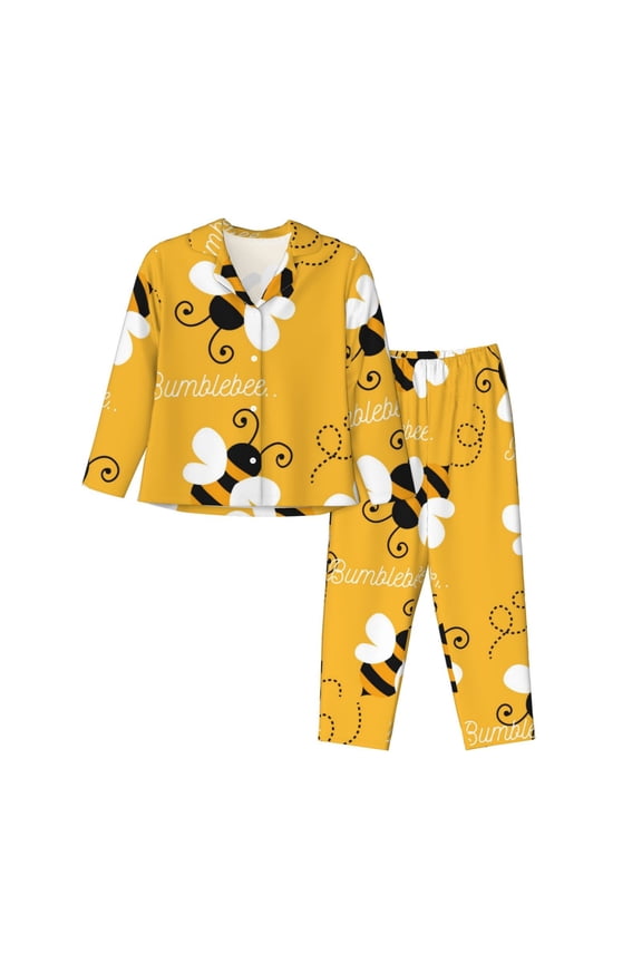 Cute Bee Butterfly Yelllow Pattern Women’s Long-Sleeve Sleepwear Set - Soft 2-Piece Loungewear with Pockets, Comfy PJs for Relaxing Nights-Small