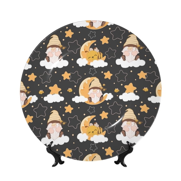 Picia Cute Bee Gnome Pattern Bone China Decorative Plate – Wall Decor with Stand and Adhesive, Elegant Ornament for Living Room, Office, or Entryway-7in