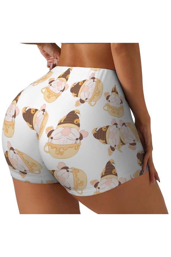 Cute Bee Gnome Printed Workout Shorts for Women Seamless Scrunch Butt Lifting High Waisted Yoga Gym Booty Running Moisture-wicking Short Pants-Large