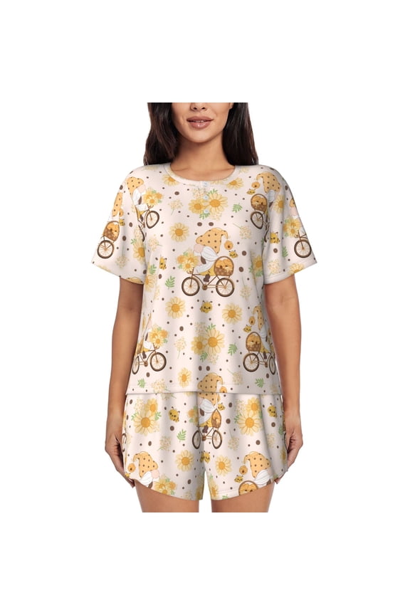 Cute Bee Gnome1 Pajamas Sets for Women Soft Short-Sleeved Pjs with Lounge Shorts Two Piece Sleepwear-Medium