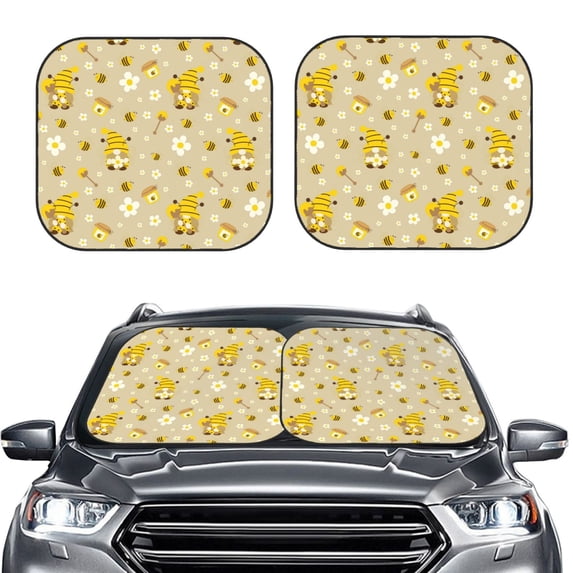 Picia Cute Bee Gnomes 2 Piece Car Windshield Sun Shade Foldable | Foldable Sun Shield for Front Window Blocks UV Rays and Keeps Your Vehicle Cool-Small