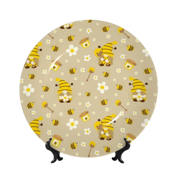 Picia Cute Bee Gnomes Pattern Bone China Decorative Plate – Wall Decor with Stand and Adhesive, Elegant Ornament for Living Room, Office, or Entryway-10in