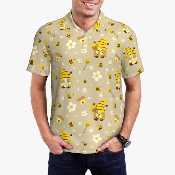Picia Cute Bee Gnomes Print Men's Polo Shirt, Two-Button Closure Pique Polo Shirt, Summer Fashion Golf Shirt-XX-Large