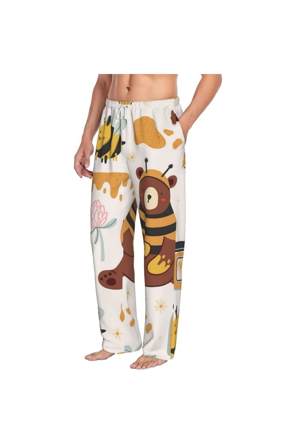 Cute Bee Honey Jar Hive Bear Mens Soft Woven Cotton Elastic Waistband Sleep Pajama Pant Lounge Sleep Pant With Pockets And Drawstring-Small