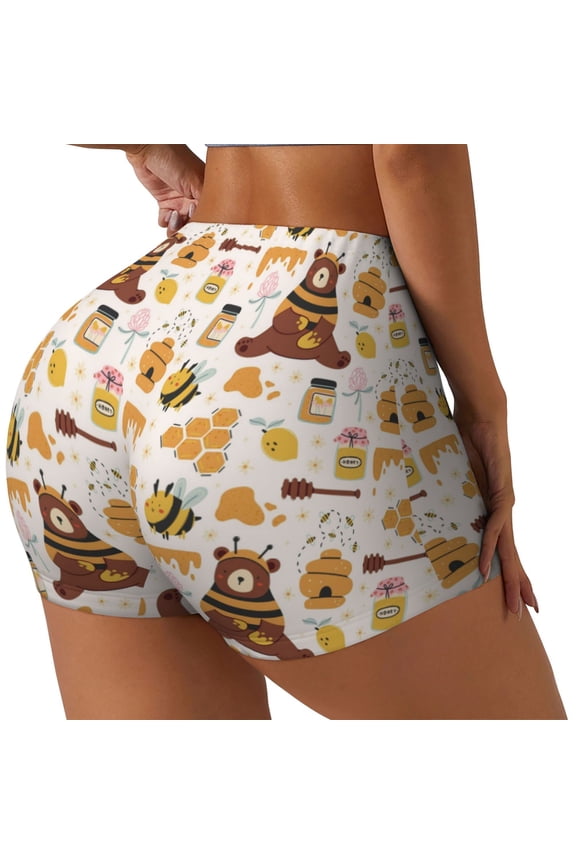 Cute Bee Honey Jar Hive Bear Printed Workout Shorts for Women Seamless Scrunch Butt Lifting High Waisted Yoga Gym Booty Running Moisture-wicking Short Pants-XX-Large