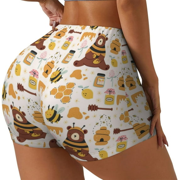 Picia Cute Bee Honey Jar Hive Bear Printed Workout Shorts for Women Seamless Scrunch Butt Lifting High Waisted Yoga Gym Booty Running Moisture-wicking Short Pants-