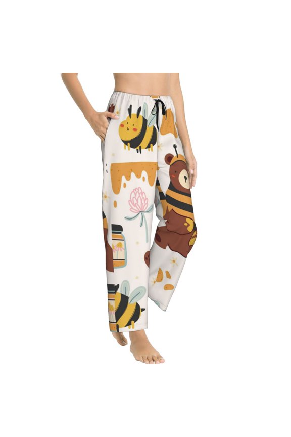 Cute Bee Honey Jar Hive Bear Womens Soft Woven Cotton Elastic Waistband Sleep Pajama Pant Lounge Sleep Pant With Pockets And Drawstring-Medium