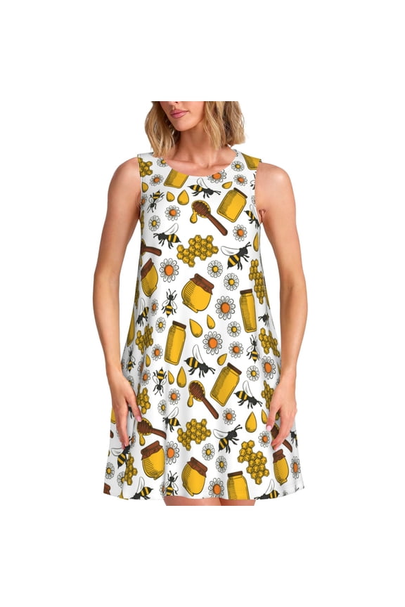 Cute Bee Print Women’s Sleeveless Midi Swing Dress – A-Line Pleated Tank Sundress, Comfortable and Flowy T-Shirt Dress