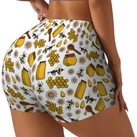 Picia Cute Bee Printed Workout Shorts for Women Seamless Scrunch Butt Lifting High Waisted Yoga Gym Booty Running Moisture-wicking Short Pants-Small