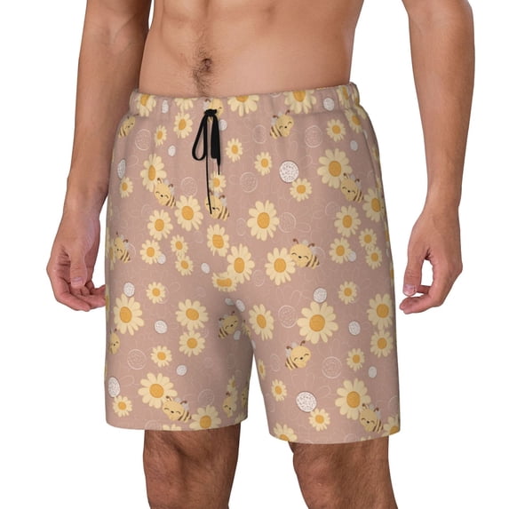 Picia Cute Bee pattern Mens Swim Trunks with Compression Liner Stretch Beach Shorts Quick Dry with Zipper Pockets No-Chafing Board Shorts-Medium