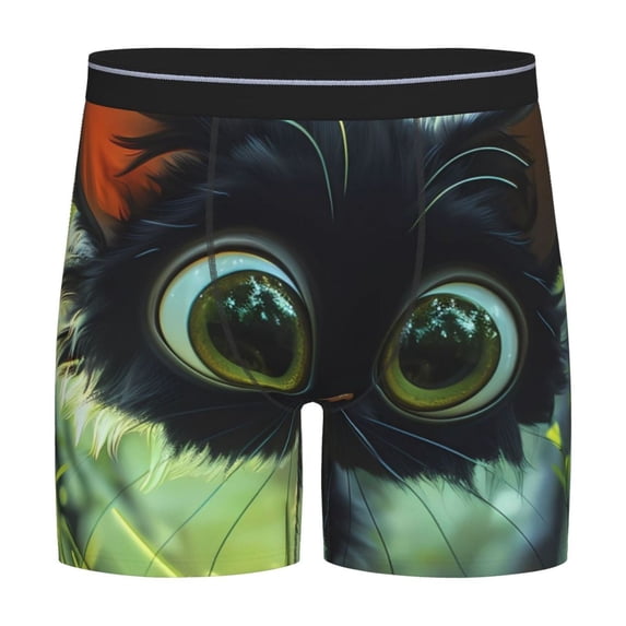 Picia Cute Big-Eyed Black Cat Pattern Men's Athletic Long Leg Briefs , Performance Stretch Underwear,Moisture-Wicking