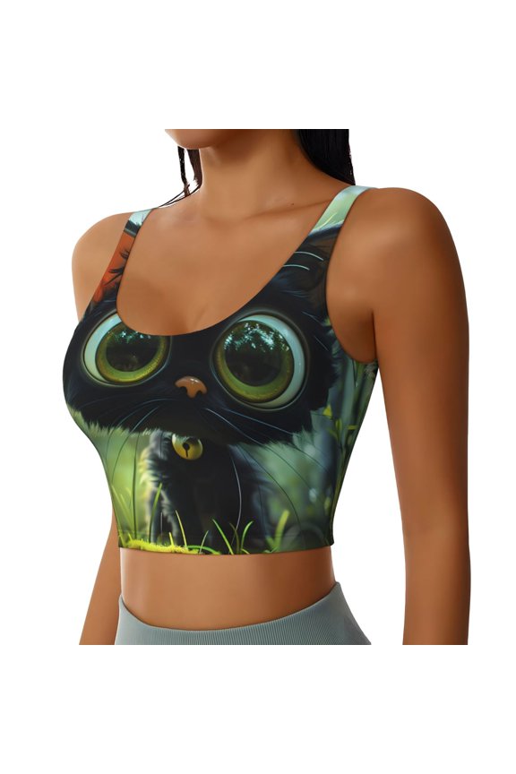 Cute Big-Eyed Black Cat Sports Bra for Women,Padded Strappy Sports Bras Medium Support Yoga Bra with Removable Cups,Running Yoga Bra-XX-Large