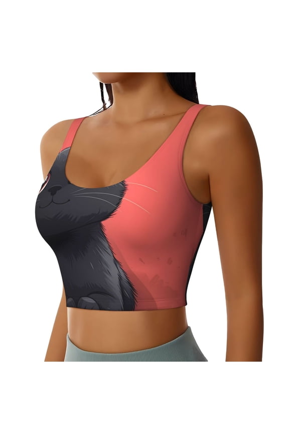 Cute Black Kitten Cartoon Sports Bra for Women,Padded Strappy Sports Bras Medium Support Yoga Bra with Removable Cups,Running Yoga Bra-Medium