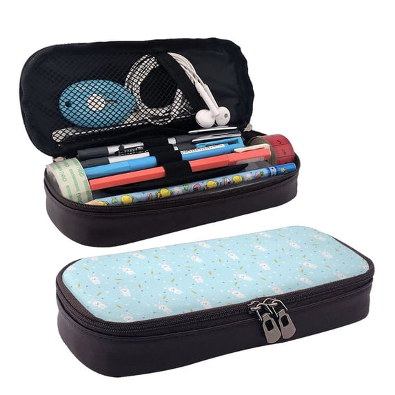 Picia Cute Bunny Pattern Large Capacity PU Leather Pencil Case Organizer Pen Marker Holder Double Zipper Storage Bag Big Pencil Pouch for College Office