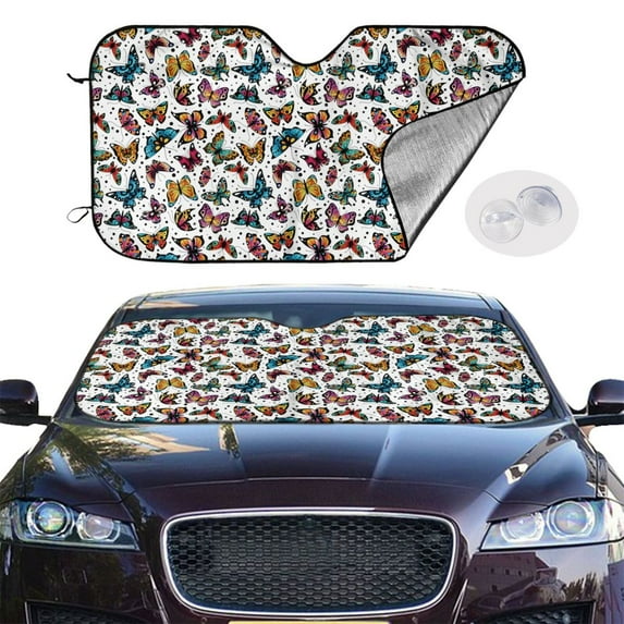 Picia Cute Butterfly Curved Windshield Sunshade Accordion Folding Style Auto Shade for Car Truck SUV Van Blocks UV Ray Sun Visor Protector -Medium