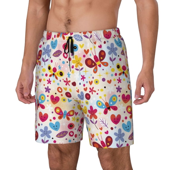 Picia Cute Butterfly Flowers pattern Mens Swim Trunks with Compression Liner Stretch Beach Shorts Quick Dry with Zipper Pockets No-Chafing Board Shorts-Small