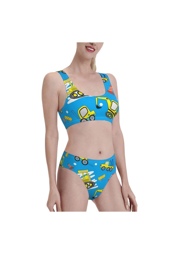 Cute Car Cartoon Women's High Waisted Bikini Scoop Neck Swimsuit Two Pieces Bathing Suit-Medium