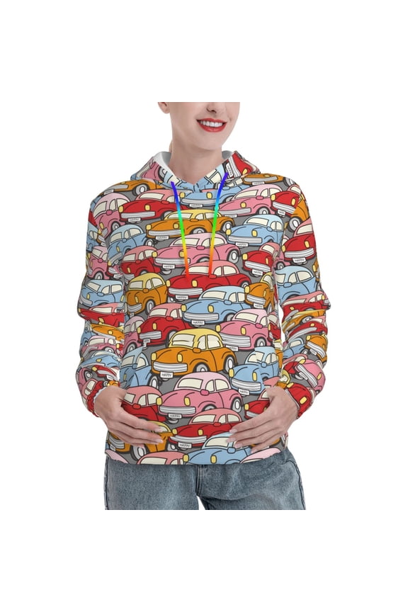 Cute Cars Pattern Casual Women's Hoodie, Hooded Sweatshirt with Kangaroo Pocket, Comfortable Pullover with Eye-catching Drawstrings-Small