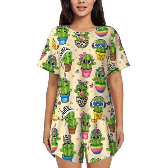 Picia Cute Cartoon Cactus Pajamas Sets for Women Soft Short-Sleeved Pjs with Lounge Shorts Two Piece Sleepwear-XX-Large
