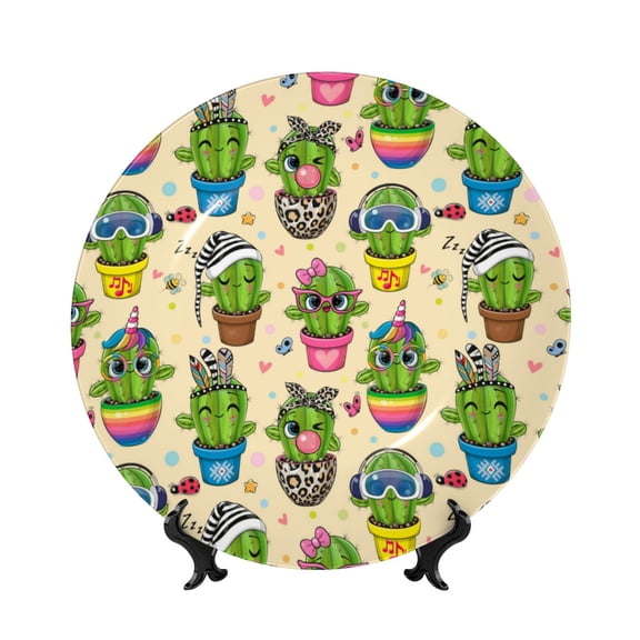 Picia Cute Cartoon Cactus Pattern Bone China Decorative Plate – Wall Decor with Stand and Adhesive, Elegant Ornament for Living Room, Office, or Entryway-6in