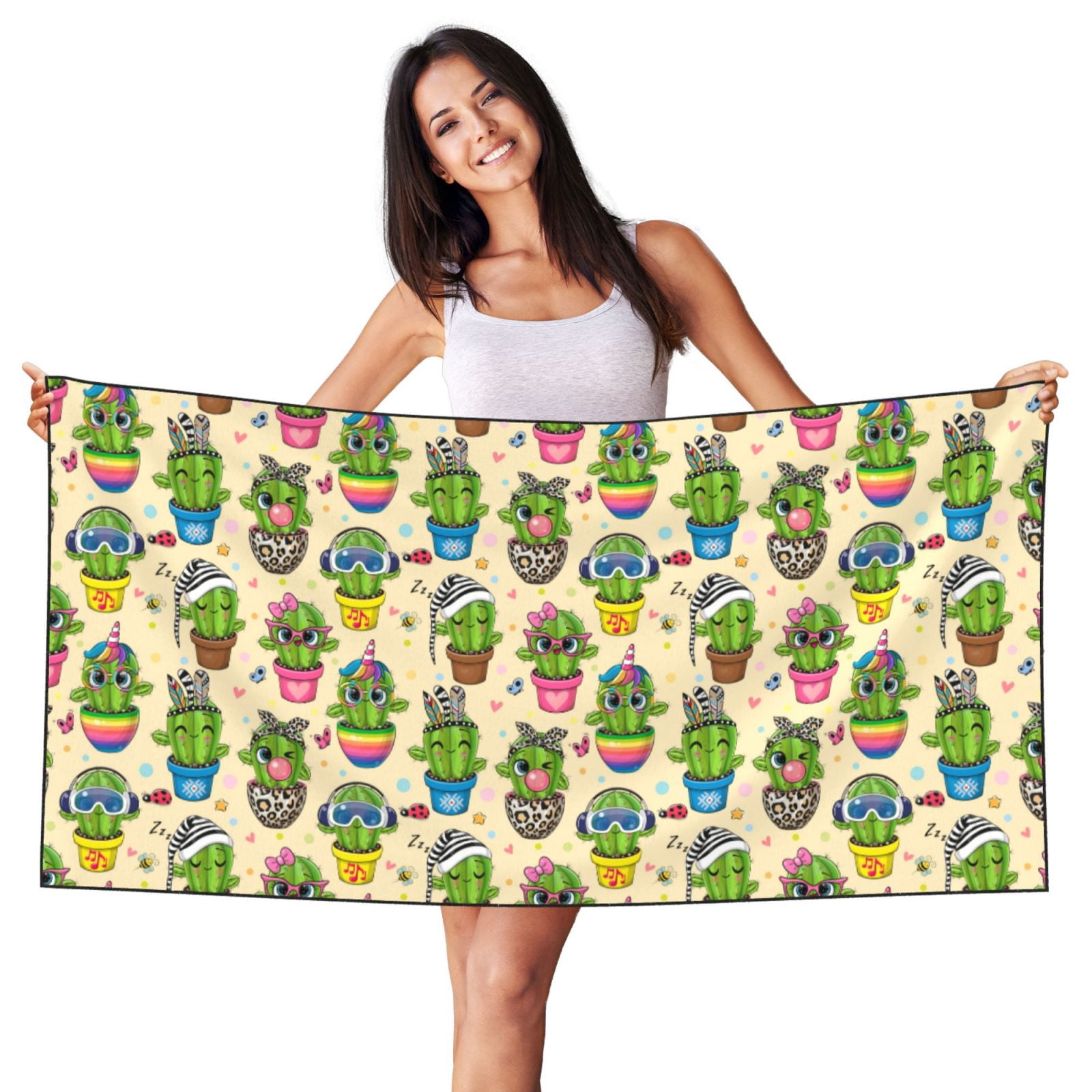 Picia Cute Cartoon Cactus Print Silver Fox Velvet Beach Towel,Quick-Dry Beach Towel,Lightweight Travel Towel,Portable Beach Towels