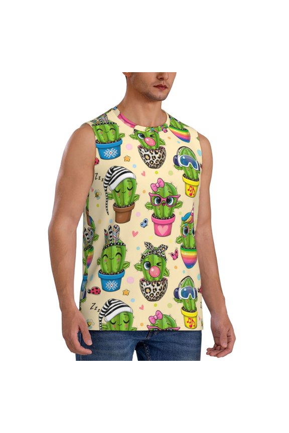 Cute Cartoon Cactus mens Cotton Tank Undershirts , Moisture-wicking Ribbed Tanks, Lightweight Cotton Tank Undershirts-X-Large