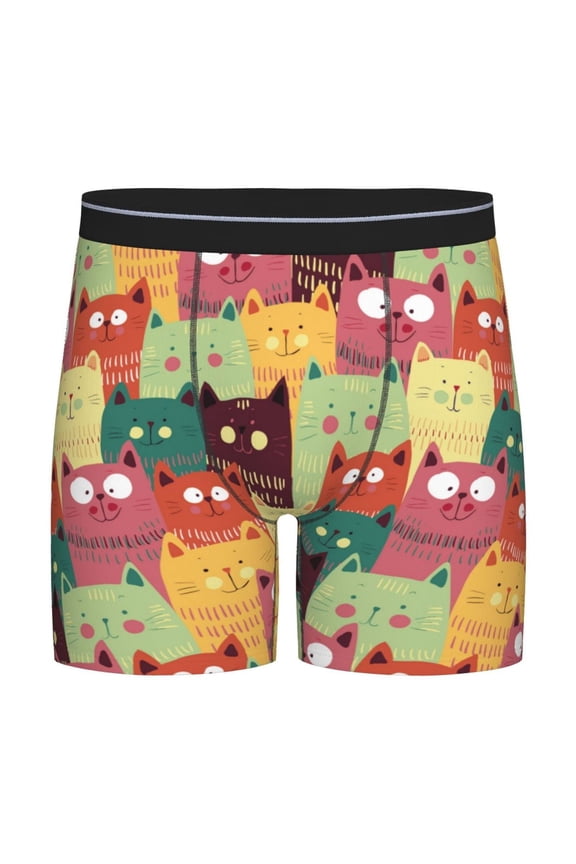 Cute Cartoon Cat Pattern Men's Athletic Long Leg Briefs , Performance Stretch Underwear，Moisture-Wicking