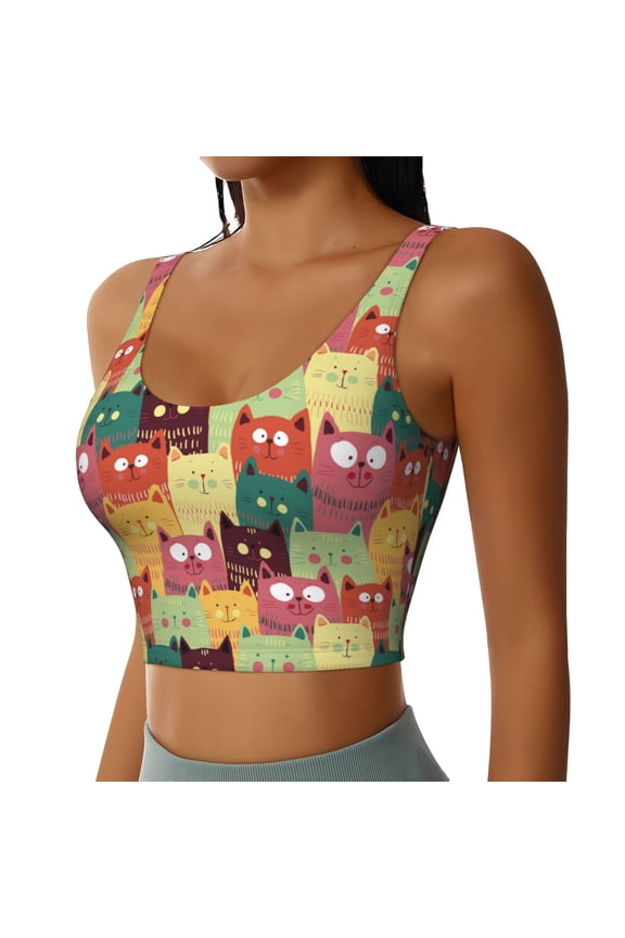 Cute Cartoon Cat Sports Bra for Women,Padded Strappy Sports Bras Medium Support Yoga Bra with Removable Cups,Running Yoga Bra-X-Large