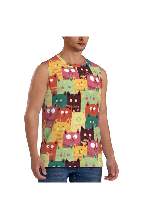 Cute Cartoon Cat mens Cotton Tank Undershirts , Moisture-wicking Ribbed Tanks, Lightweight Cotton Tank Undershirts-XX-Large