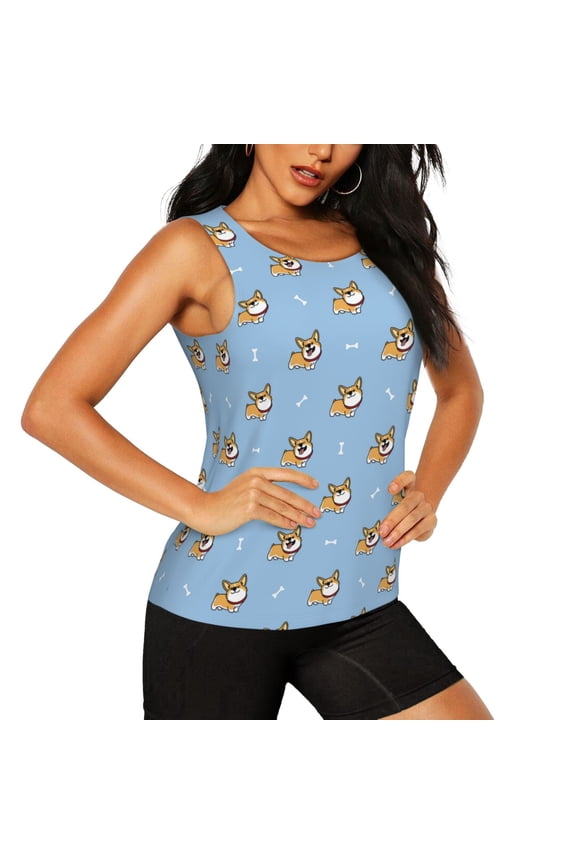 Cute Cartoon Corgi Pattern Women's Workout Tank Top,Breathable Activewear,Slim Fit Athletic Top,Versatile Workout Moisture-wicking top-X-Large