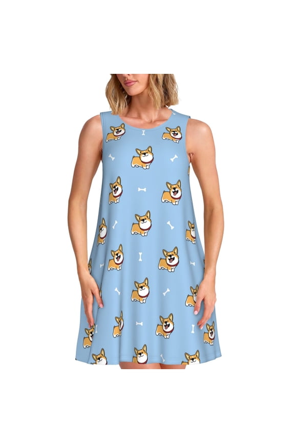 Cute Cartoon Corgi Print Women’s Sleeveless Midi Swing Dress – A-Line Pleated Tank Sundress, Comfortable and Flowy T-Shirt Dress