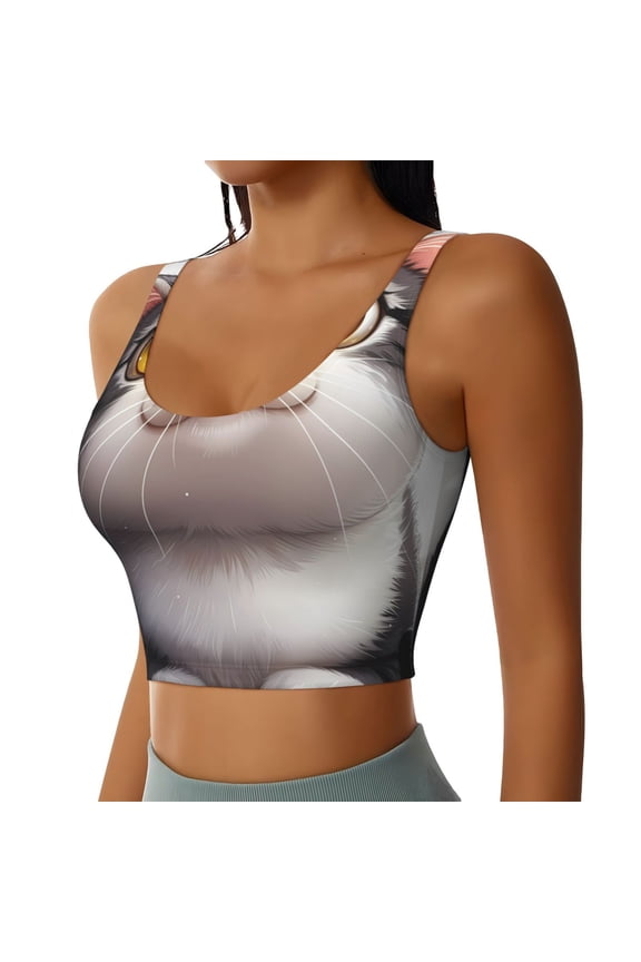 Cute Cartoon Kitten Sports Bra for Women,Padded Strappy Sports Bras Medium Support Yoga Bra with Removable Cups,Running Yoga Bra-XX-Large