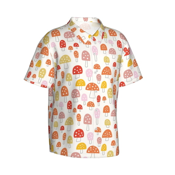 Picia Cute Cartoon Mushrooms Gentle Cotton Regular Fit Short Sleeve Casual Hawaiian Shirt for Men-