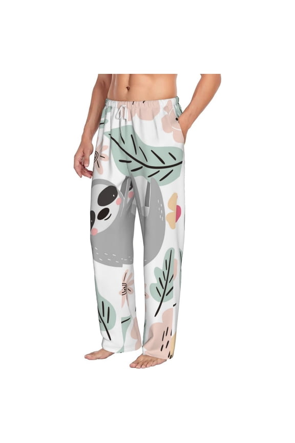 Cute Cartoon Sloth Mens Soft Woven Cotton Elastic Waistband Sleep Pajama Pant Lounge Sleep Pant With Pockets And Drawstring-Large