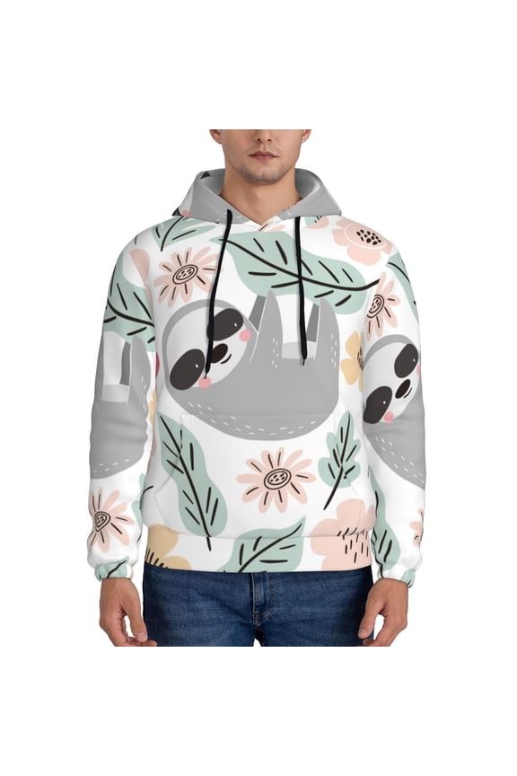 Cute Cartoon Sloth Pattern Casual Men's Hoodie - Lightweight Hooded Sweatshirt with Kangaroo Pocket, Comfortable Pullover for Everyday, Travel-Medium